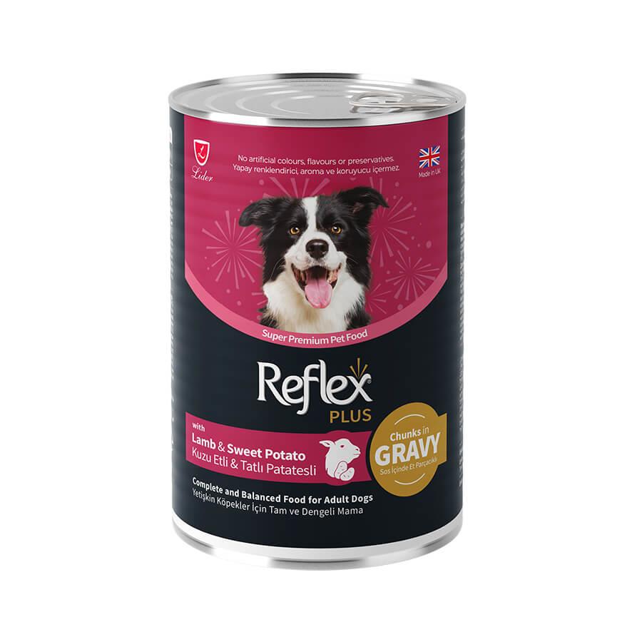 8698995032698 Reflex Plus Soslu Kuzulu Patatesli Yetişkin Köpek Konservesi 400 Gr