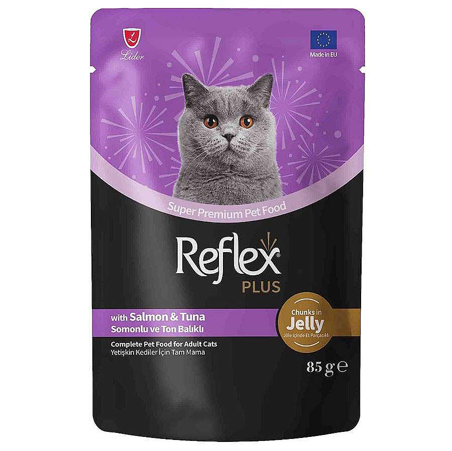 8698995034128 Reflex Plus Pouch Jelly Ton Balıklı ve Somonlu Jöleli Yetişkin Kedi Yaş Maması 85 Gr
